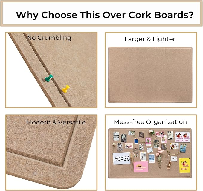 Foldable 72x 48 Inches Large Bulletin Board for Wall, Decorative Picture Display Felt Board with Self-Adhesive Tape for School, Home, Kitchen & Office Walls, Includes 30 Pins, Oatmeal
