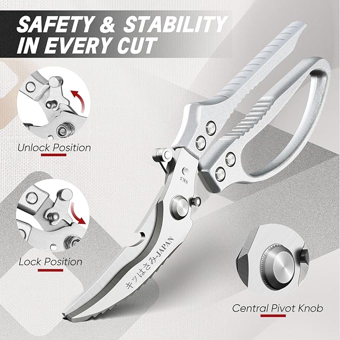 TIVOLI Poultry Shears Silver,Japanese Kitchen Shears Heavy Duty with Non-Slip Handle & Safety Lock,Multifunctional Kitchen Scissors for Chicken, Meat, Turkey, Fish, Vegetables,Ideal Gift