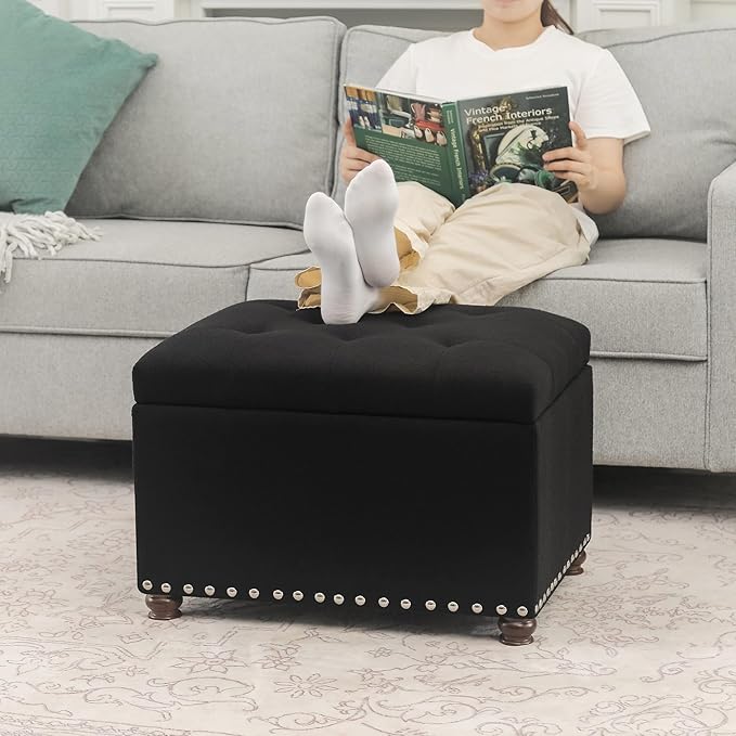 Decent Home Storage Ottoman Fabric Bench 24" Foot Rest Stool with Nailhead Trim for Bedroom Living Room(Black, Fabric)