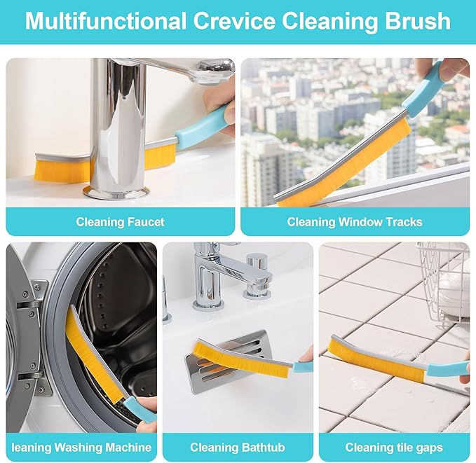 JOYMOOP 4 Pack Crevice Cleaning Brush, Turquoise Hard Bristle Grout Brush, House Cleaning Supplies, Magnetic Gap Cleaning Brush for Kitchen, Bathroom, Window, Toilet, Multifunctional Cleaning Tools