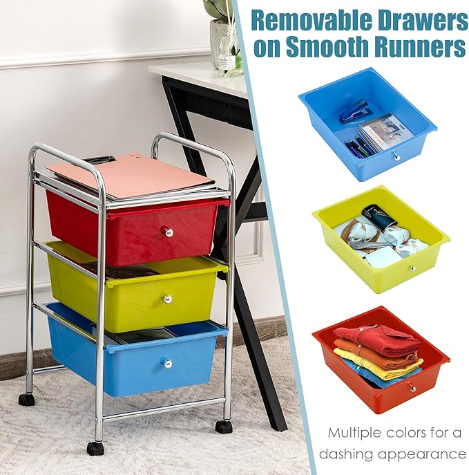 Giantex Rolling Cart with Drawers, Craft Organizer with Wheels, 3 Drawer Storage Container Bins for Back to School Office Scrapbook Paper Tools Red, Green & Blue