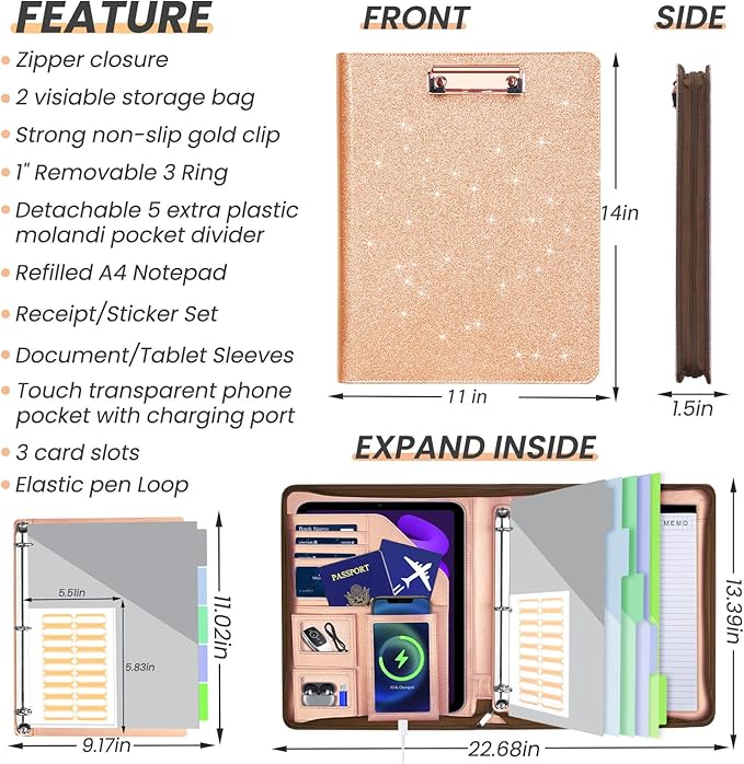 KLLVE Leather Padfolio Portfolio with Clipboard Storage, Removable 3 Ring Binder 1 Inch Zipper Binder, Document Organizer for Women Men with Notepad, 5 Pocket Dividers, Pen Holder, Rose Gold