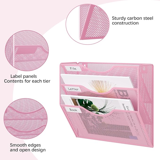 EasyPAG 3 Pocket Mesh Wall File Organizer, Hanging Paper Folder Holder with Classify Label, Vertical Wall Mount Mail Organizer for Office Home Classroom, Pink