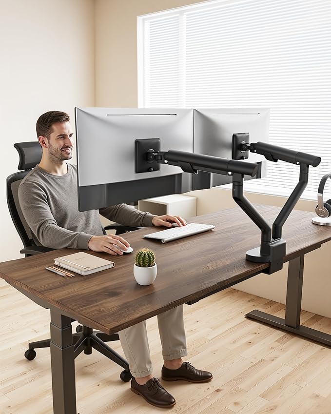 monTEK Dual Monitor Stand up to 35 inches Screen, Monitor Mount for 2 Monitors, Full Motion Adjustable Monitor Arm, VESA Mount with C-Clamp/Grommet Base, Holds 24.25lbs per Arm, MA1010BK-D