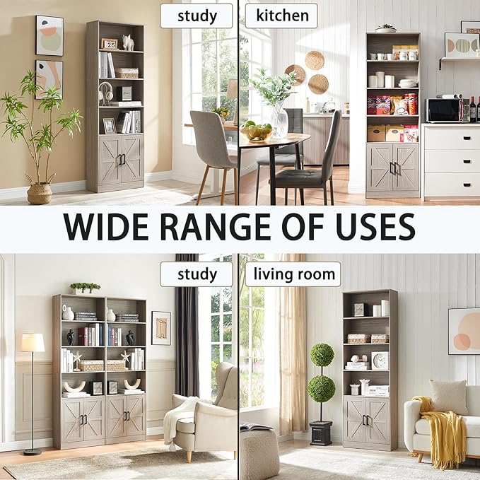 RWYHG 70in Tall Bookshelf 6 Tier Bookcase with Barn Doors and Adjustable Shelf, Oak Grey Farmhouse Book Shelves with Storage Cabinet, Wood Floor Standing Display Bookshelve for Bedroom, Living Room