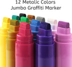 BIGTHUMB Jumbo Graffiti Poster Markers Set: 12 Metallic Colors Large 15mm Wide Tip Permanent Ink Thick Acrylic Paint Pens for Rock Painting, Stone, Glass, Wood, Ceramic, Metal, Plastic, Fabric