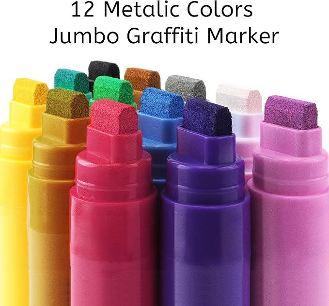 BIGTHUMB Jumbo Graffiti Poster Markers Set: 12 Metallic Colors Large 15mm Wide Tip Permanent Ink Thick Acrylic Paint Pens for Rock Painting, Stone, Glass, Wood, Ceramic, Metal, Plastic, Fabric