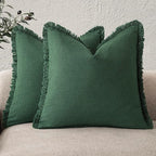 Foindtower Set of 2 Decorative Linen Fringe Throw Pillow Covers Cozy Boho Farmhouse Cushion Cover with Tassels Soft Accent Pillowcase for Couch Sofa Bed Living Room Home Decor, 26×26 Inch, Pine Green