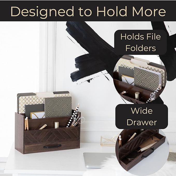 BLU MONACO | Wooden Mail Organizer with Drawer and Compartments | Mail Sorter Organizer Countertop for Desk Entryway | Outgoing Mail Holder Wood Desktop File Storage