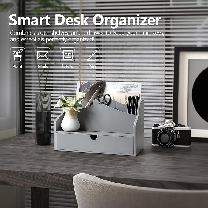 Rebee Vision Pine Wood Mail Organizer for Desk - Minimalist Rustic Style Countertop Mail Sorter for Letters, Files & Magazine - Wooden Folder Organizer with Drawer for Office Desk & Home Decor (Gray)