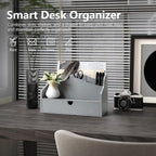Rebee Vision Pine Wood Mail Organizer for Desk - Minimalist Rustic Style Countertop Mail Sorter for Letters, Files & Magazine - Wooden Folder Organizer with Drawer for Office Desk & Home Decor (Gray)