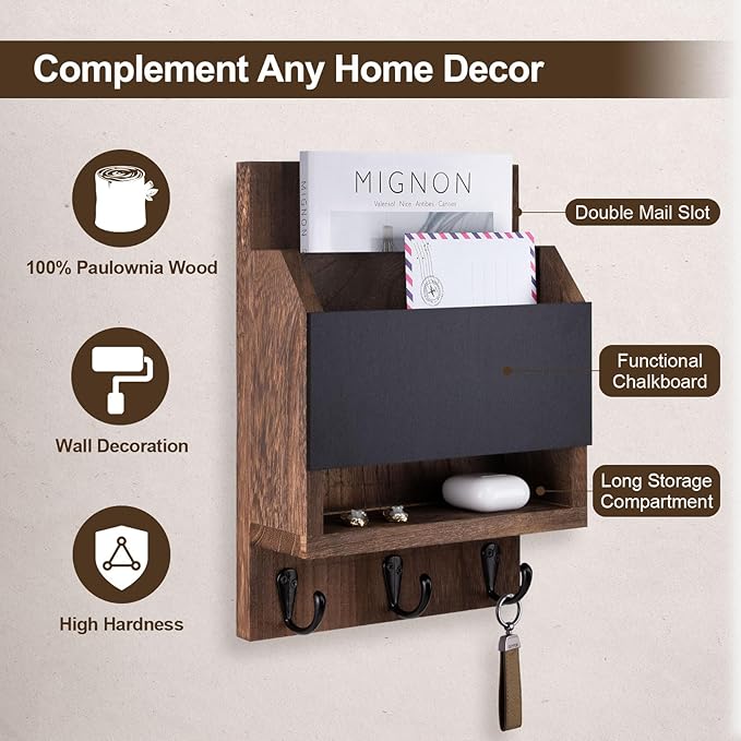 Lucundm Key and Mail Holder for Wall, Key Holder with Chalkboard and Long Storage Box, Key Hanger with 3 Sturdy Hooks for Coat, Dog Leash, Entryway Mail Organizer (Brown)