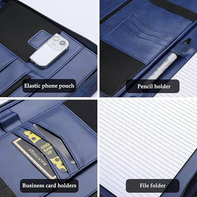 ProCase Portfolio Business Padfolio Folder with Zipper, Conference Meeting Executive File Legal Document Organizer with Pockets Letter Size A4 Writing Pad Notepad Padfolio -Navy