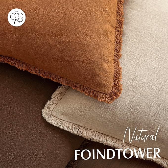 Foindtower Set of 2 Decorative Linen Fringe Lumbar Throw Pillow Covers Boho Farmhouse Cushion Cover with Tassels Soft Accent Pillowcase for Couch Sofa Bed Living Room Home Decor,12×20 Inch,Orange