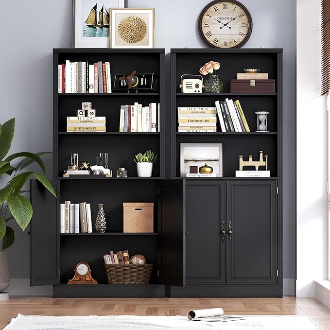 BORNOON 71.4" Tall Bookshelf with Cabinet, 5-Tier Floor Standing Bookcase with Doors & Adjustable Shelves, 31.5" Wide Storage Shelf, Metal Handles, Modern Organizer for Home Office, Living Room