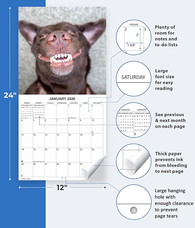 2026 Smiling Dogs Monthly Wall Calendar | Funny Happy Dogs Calendar September 2025 - December 2026