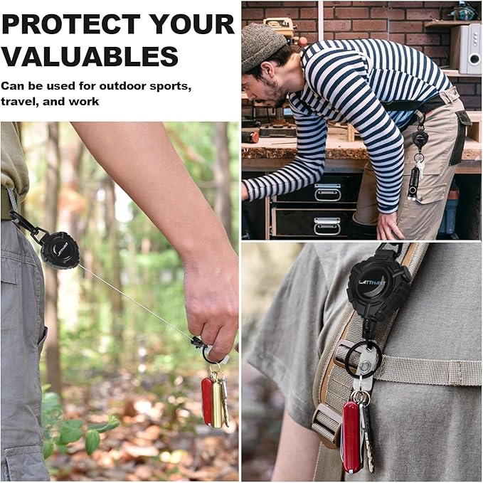 LATTHANT Badge Holder Retractable Clip, Heavy Duty Retractable Keychain with 31.5 in Smooth Steel Cord, Durable 360-degree Rotating Carabiner Badge Holder for Work, Fishing, Car Key