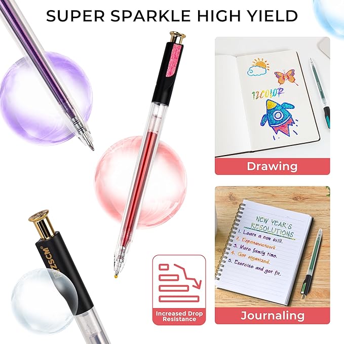 ZSCM Retractable Super Glitter Gel Pens, 12 Colors Large Capacity Metallic Sparkle Gel Ink Pens, 1 mm Fine Point Smooth Writing Color Pen for Adult Coloring Book Note Taking Aesthetic Art Supplies
