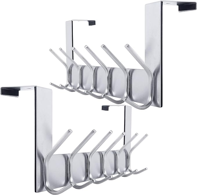 WEBI Over The Door Hooks Door Hanger:Over The Door Towel Rack with 6 Hooks for Hanging,Door Coat Hanger Towel Hanger Over Door Coat Rack for Towels,Clothes,Silver,2 Packs
