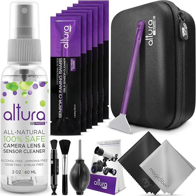 Altura Photo Professional Camera Cleaning Kit for Full Frame DSLR & Mirrorless Cameras - Lens and Sensor Cleaner - Includes Case, Spray, Swabs, Blower, Brush, Tissue Paper