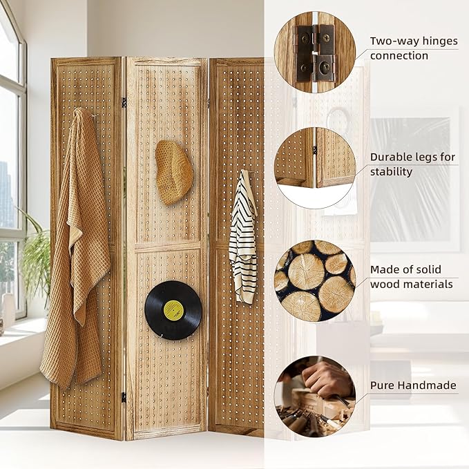Aleesing 4 Panel Pegboard Display with 16 Hooks, Wooden Room Divider Wall and Folding Privacy Screens, Partition Room dividers, Pegboard Room Divider, Jewelry Store, Bedroom, Balcony, Light Brown