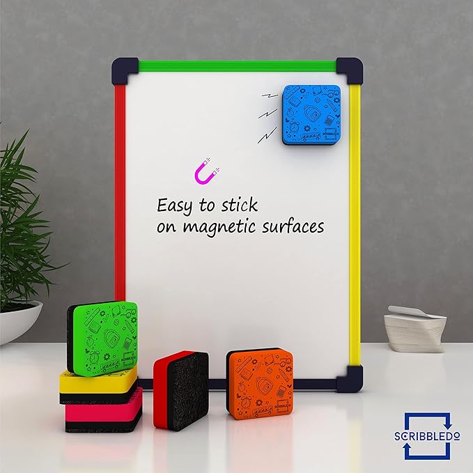 Scribbledo 6 Pack Magnetic Dry Erase Erasers - Assorted Colors, Magnetic, Smudge Free for Kids, Students, Classroom, Home, School, Office