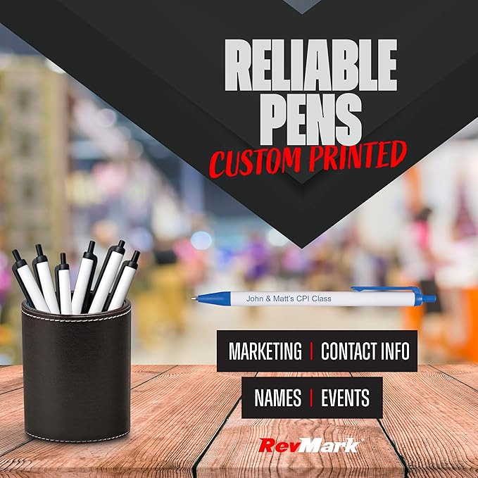 RevMark Personalized Ballpoint Pen, Custom Printed Name, Business or Event Information, Timeless Advertising, USA Made Pens, Promotional Marketing, Smooth Black Ink, Bulk Pack (Blue,100 Ct.)