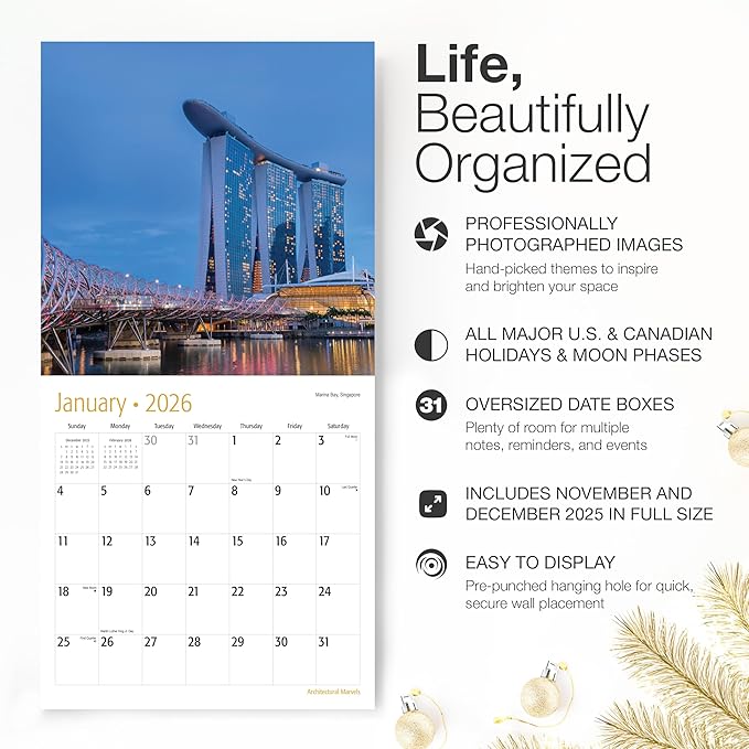 RED EMBER Architectural Marvels 2026 Wall Calendar 12 Month | 12" x 24" Open | Thick & Sturdy Paper | Holiday Gift | Architecture Calendar 2026