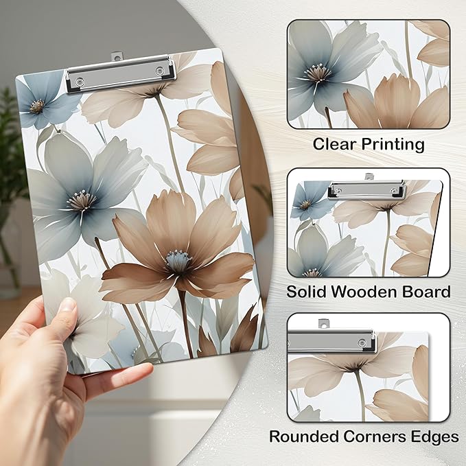 APIILVPQ Floral Clipboard, Spring Clipboards with Low Profile Clip for Office School Use, Watercolor Wooden Clip Boards for Nurses Teachers Students - A03