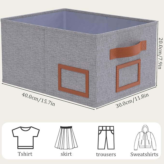 OUTBROS Foldable Storage Box for Shelves, 15.7 x 11.8 x 7.9 inch Fabric Baskets, Wardrobe Organiser with Handles, Suitable for Storing Clothes, Books, Cosmetics (Gray, 3-Pack)