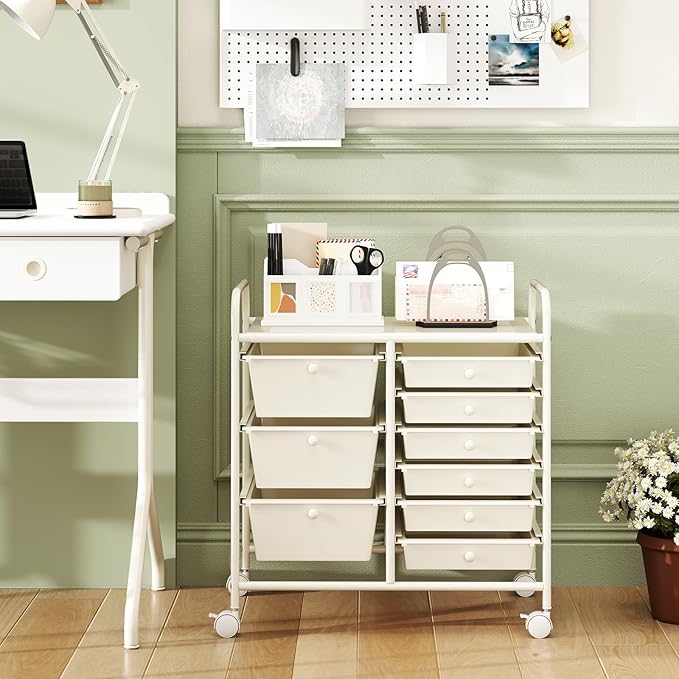 LDAILY 9 Drawer Rolling Storage Cart, Rolling Cart with Drawers for Classroom, Art Supply Craft Organizer on Wheel with Metal Frame & Handles for Home Office School