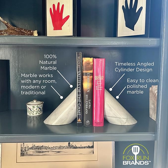 Fox Run 100% Natural Polished Marble Bookends, White, Set of 2, Angled