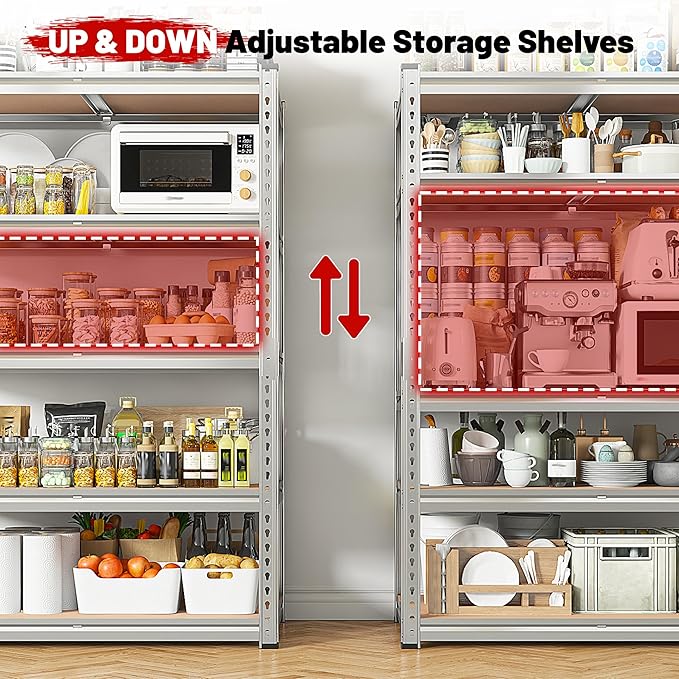 REIBII 2020LBS Garage Shelving Heavy Duty Metal Shelving 5 Tier Storage Shelves, Garage Shelves for Basement, Warehouse, Pantry, Closet, Kitchen, 72" H x 35.55" W x 16" D, Galvanized, 4 Pack