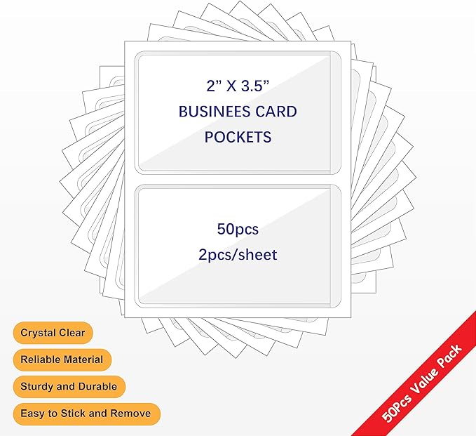 Clear Adhesive Business Card Pocket swith Side Open for Loading, 50 Pack, Plastic Labels Holders for Storage Bins and Library Card, Ideal for Organizing and Protecting Your Business Cards