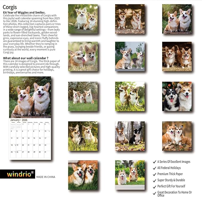 2026 Wall Calendar,Calendar 2026, November 2025 - December 2026, Wall Calendar Corgis, 12" x 24" Opened,Full Page Months Thick & Sturdy Paper for Gift Perfect Calendar Organizing & Planning