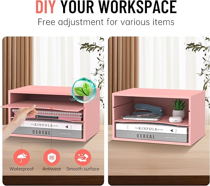 SHARKWOODS Wood Desk Organizer, 3 Tier Paper Tray Organizer for Desk with Adjustable Storage Shelves, Desktop File Organization Paper Sorter Mail Holder for Office Home Classroom, Pink
