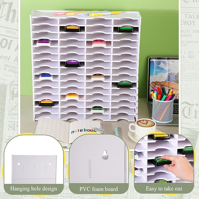 Sunnychicc 2 Pack 60 Grids Ink Pad Storage Holder Stamp Organizer, Ink Pad Stamp Holder Storage Rack for Home Office Crafts School Supplies, White