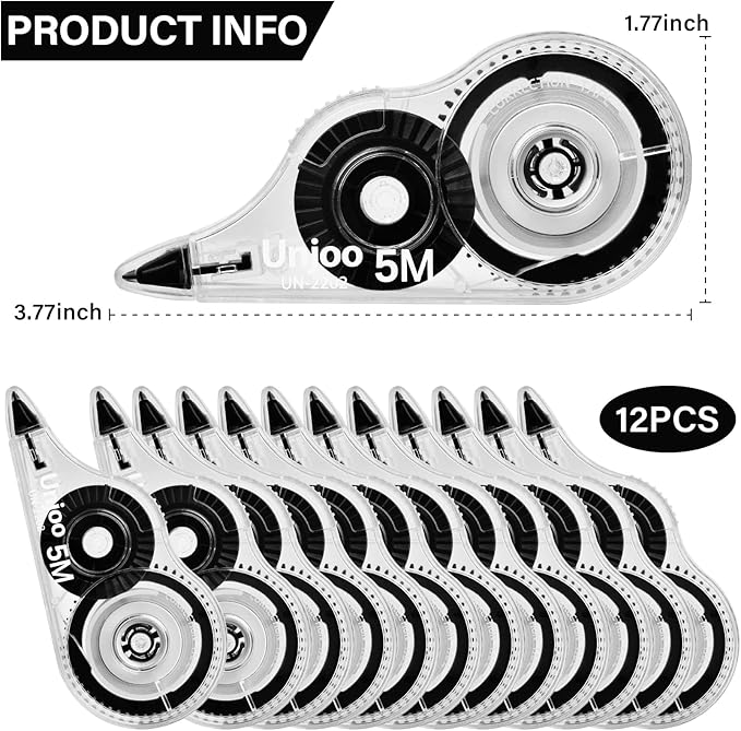 Unjoo White Correction Tape, Easy To Use Applicator for Instant Corrections Wrong Writing At Any Time, For school, Office (12pack, 5M/196" x 0.2", Black)