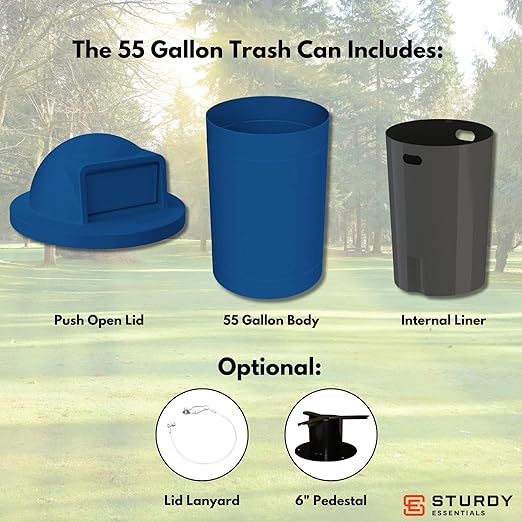 Sturdy Essentials Campus Collection 55 Gallon Round Heavy-Duty Plastic Commercial Outdoor or Indor Trash Can with Push Open Dome Lid and Internal Liner | Great for Schools and Businesses - Blue