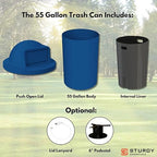 Sturdy Essentials Campus Collection 55 Gallon Round Heavy-Duty Plastic Commercial Outdoor or Indor Trash Can with Push Open Dome Lid and Internal Liner | Great for Schools and Businesses - Blue