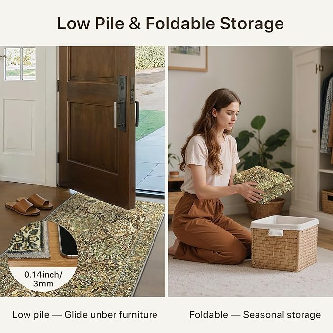 GENIMO Area Rug 2x3 Doormat, Machine Washable Low Pile Rugs, Small Retro Chenille Entryway Mat for Entrance, Hallway, Kitchen and Corridor, Bronze Olive