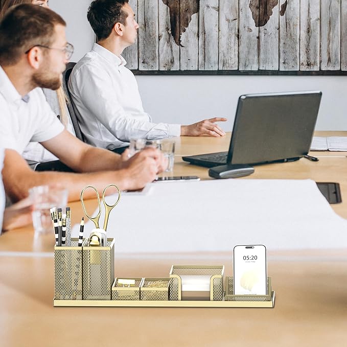 SUPEASY Pen Holder for Desk, 6 Piece Mesh Desk Organizer set for Office Organization with Mail Organizer, Letter Phone Holder, Sticky Notes Caddy Storage, Golden Yellow