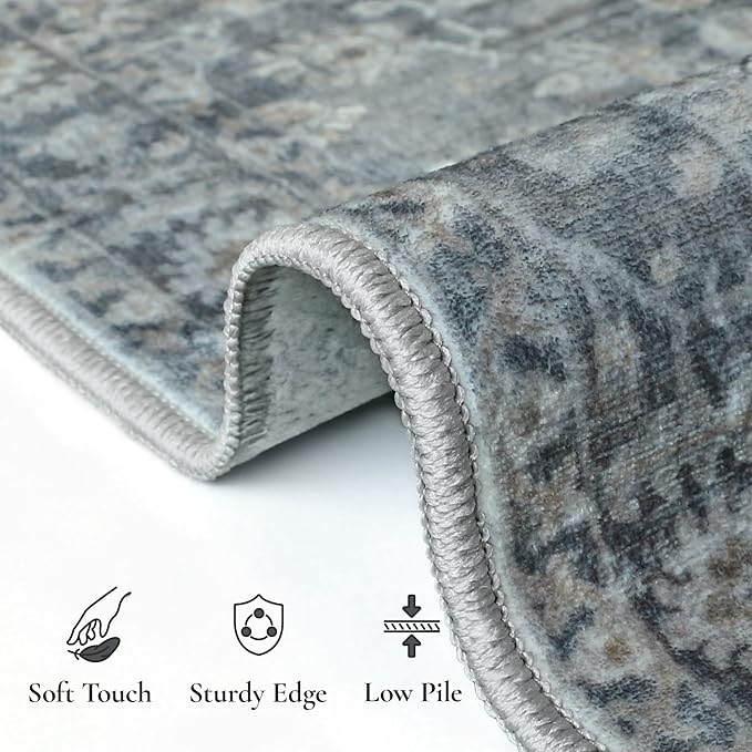 GENIMO 8x10 Area Rugs for Living Room, Machine Washable Non Slip Vintage Rugs, Low Pile Lightweight Chenille Print Rug for Bedroom, Dining Room, Home Office, Ashen Taupe