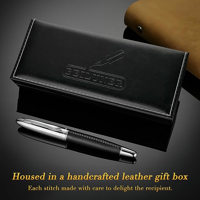 BEILUNER 318 Luxury Leather Pen, Hand-Stitched Premium Leather, Chrome-Plated Finish, Schmidt Ink Refill, Best Rollerball Pen Gift for Men & Women, Refillable, Executive Writing, Nice Pens