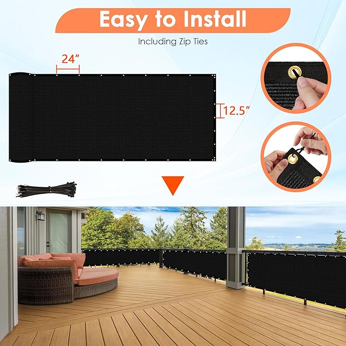 iCover 5x12ft Fence Privacy Screen, Heavy Duty Fencing Panels Screens, Outdoor Shade Cloth Mesh Barrier, Reinforced Bindings and Brass Grommets, Cable Zip Ties Included, Black