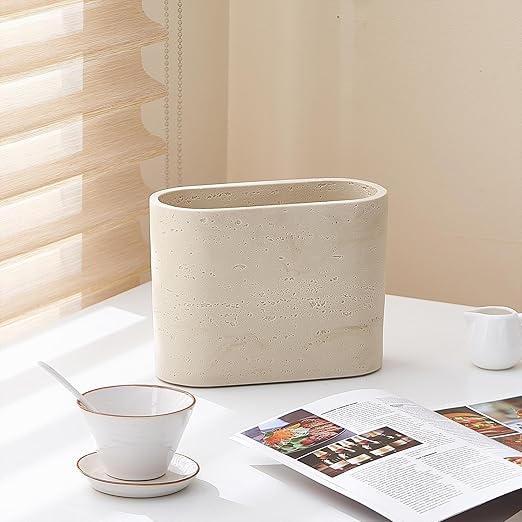 Natural Travertine Textures Mini Trash Can, Small Counter Rectangle Trash Can for Bathroom Kitchen Table Desk, Tiny Waste Basket for Vanity - Silicone Pad Anti Scratch, Non-Slip (Made of Resin)