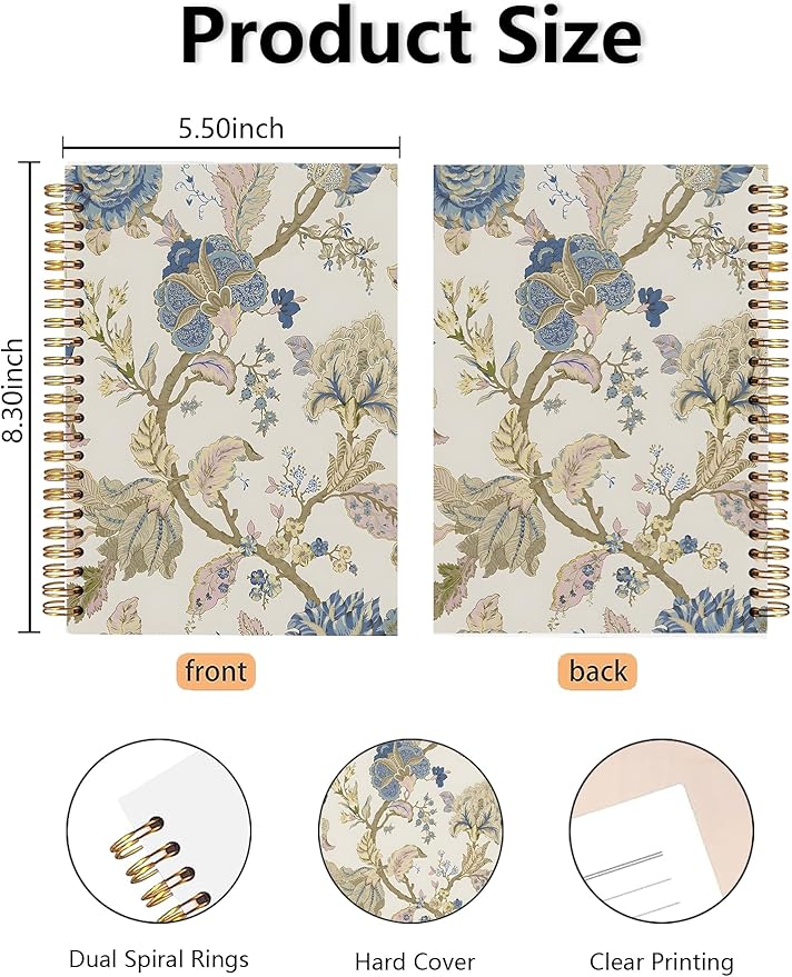 BitKan Vintage Blue Floral Spiral Notebook, Classic English Cottagecore Floral Journal, Pretty Flower Journal for Women, Traditional Botanical Flower Notebook 5.5x8.3 Inch-371