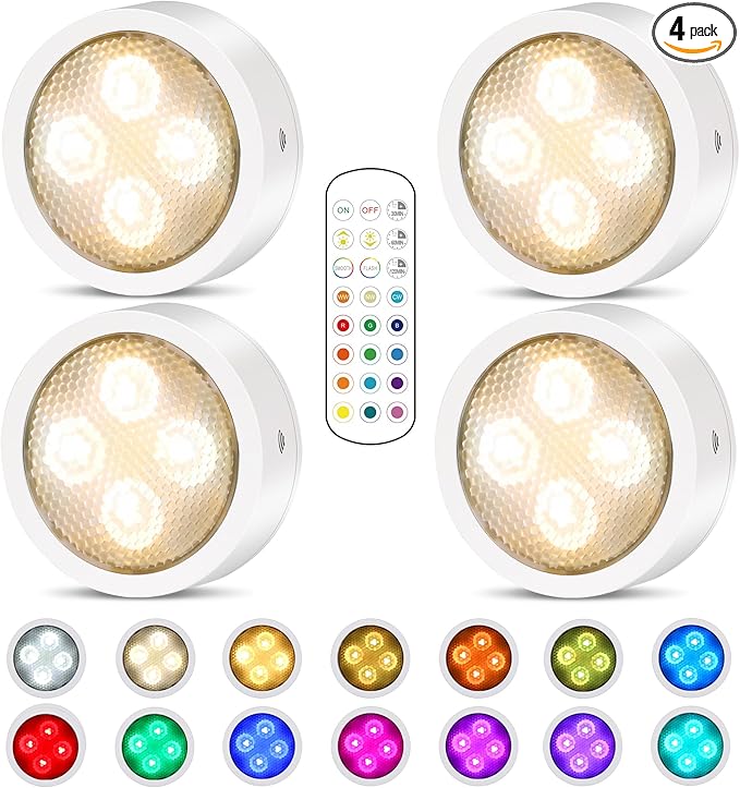 TECOMLIGHT Puck Lights with Remote Control, Battery Operated Wireless Under Cabinet Lighting, RGBCW Stick On Tap Lights for Kitchen, Shelf, 4 Pack - White