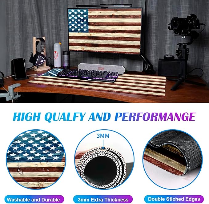 American Flag Wood Grain Computer Keyboard Pad, Cute Ladies' Office and Study Exclusive Full Table Extended Mouse Pad 35.4 x 15.7 Inches
