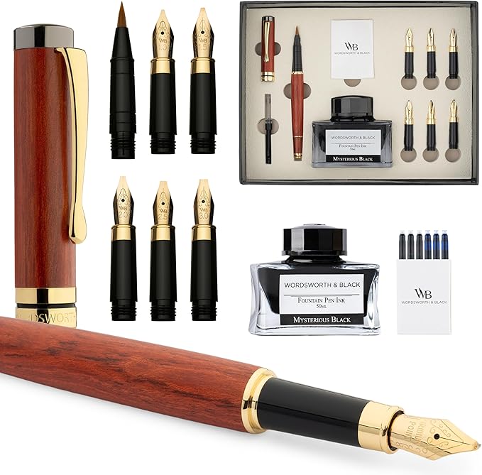 Wordsworth & Black Calligraphy Pen Gift Set, Includes Ink Bottle, 6 Ink Cartridges, Ink Refill Converter, 6 Replacement Nibs, Luxury Bamboo, Journaling, Smooth Writing Pens [Rosewood]